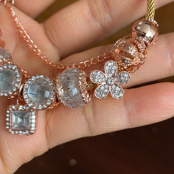 NWOT Gold Pandora Moments 18K Gold Plated Mesh Bracelet w/ Rose Gold Charms - Picture 9 of 13